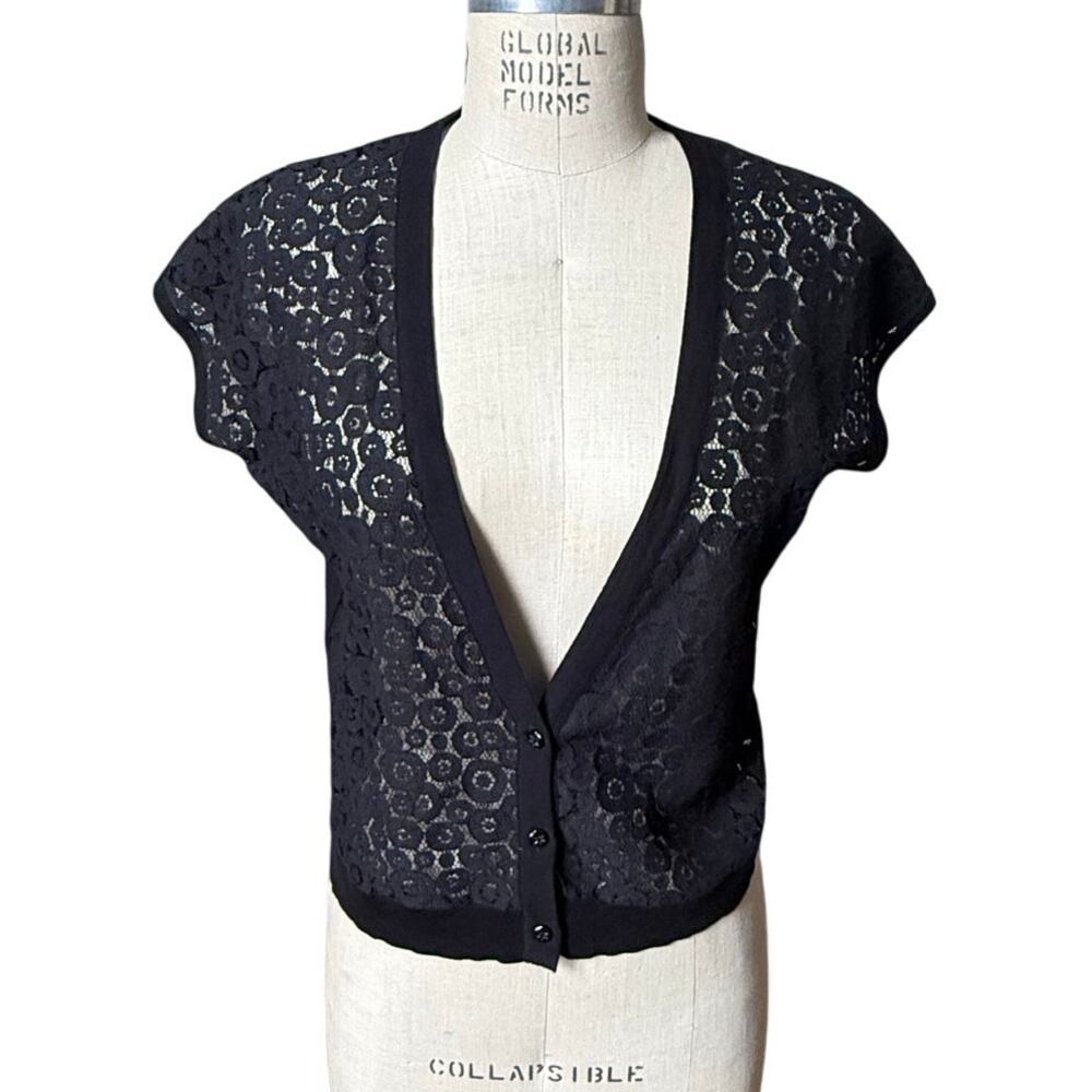 August Silk Short Sleeve Lace Cardigan Sweater in Black Size Small y2k